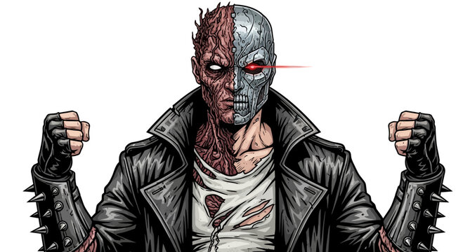 Cyborg Warrior with Half Flesh, Half Metal Face and Red Eye