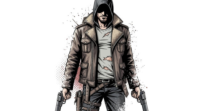 Man with guns, leather jacket, hoodie, urban style, action hero concept