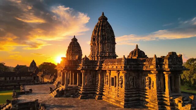Three ancient stone temples with intricate carvings standing together in a historic complex, featuring traditional architectural details, ornate stonework, and sacred spire designs.