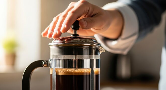 Brewing Moment: A hand delicately presses down on a french press, coaxing the rich aroma and flavor of freshly brewed coffee. Capturing the ritual of morning.