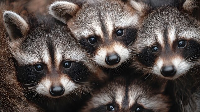 Close Up Of Four Raccoons With Snow On Their Fur In A Natural Environment