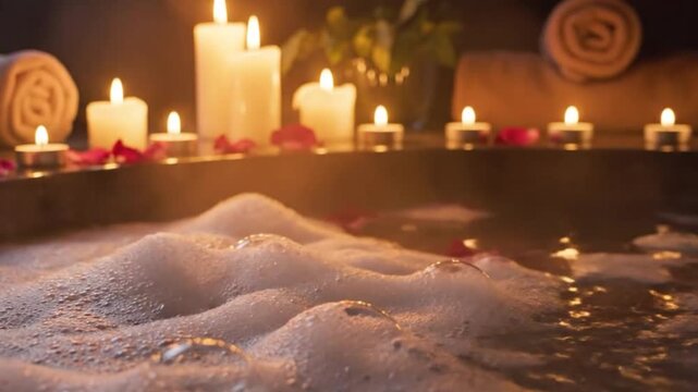 Relaxing spa bath with bubbles and candlelight