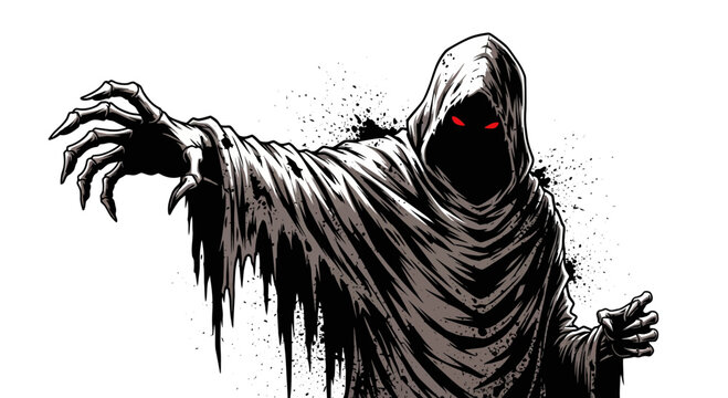 Scary hooded ghost with red eyes reaching out, dark spooky apparition, horror concept