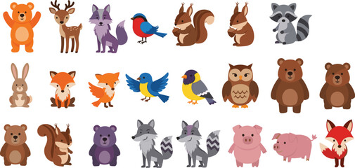 Cute Animal Characters Set with Bear, Fox, Deer, Squirrel, Raccoon, Rabbit, Owl, Bird, and Pig for Children’s Designs © MdTobarak