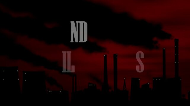 Hands that build nations written in bold white font over a dark silhouette of an industrial factory landscape with chimneys emitting black smoke against a moody red sky background illustrating the pow