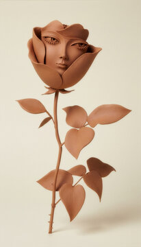 Surreal terracotta clay sculpture of a human face inside a rose flower