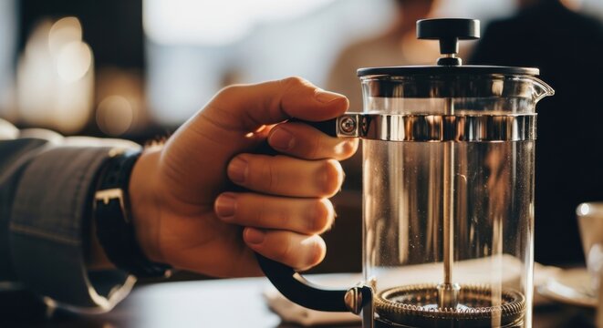 Brewing Moment: A hand delicately holds a glass coffee press, showcasing the art of coffee-making with elegance and detail.