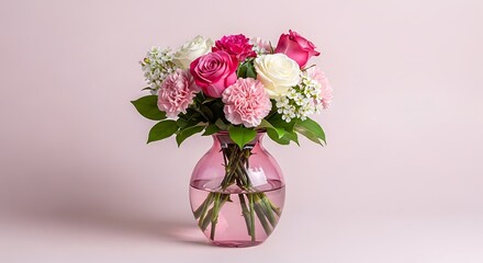 Obraz premium Pink and white roses in a pink glass vase on a pink background bouquet flowers