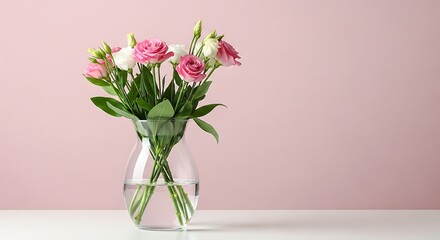 Fototapeta premium Clear vase with pink and white flowers on pink background pink flowers floral arrangement