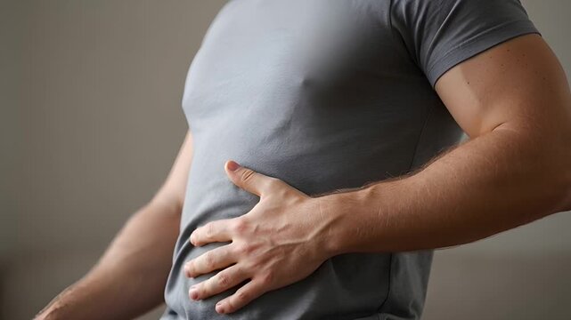 Man experiencing stomach pain and discomfort, holding his belly