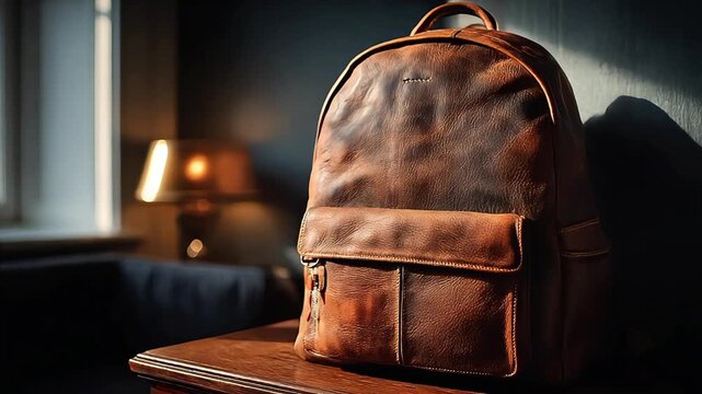 Warm light highlights a classic leather backpack, evoking feelings of adventure and understated sophistication. Ideal for travel or lifestyle marketin