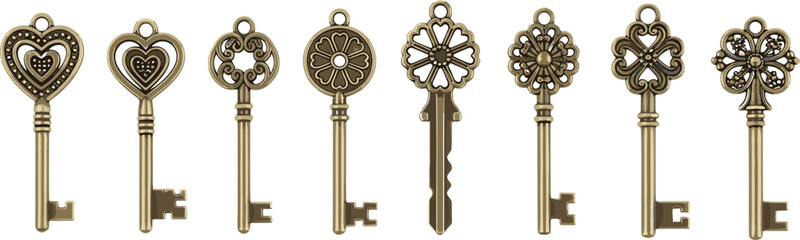 Obraz premium Vintage Set of Decorative Antique Keys with Various Patterns and Shapes in Hand-Drawn Vector Illustration for Classic Design Projects