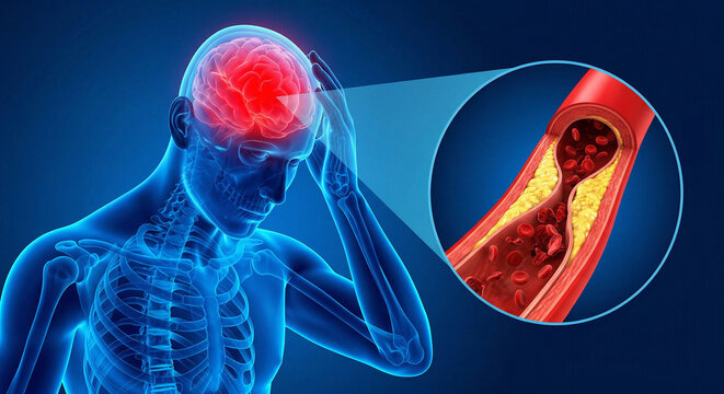 Medical Illustration of Brain Stroke with Artery Blockage and Blood Clot Visualization