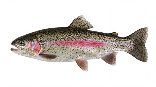 A detailed illustration of a rainbow trout featuring its signature pink stripe and spotted scales
