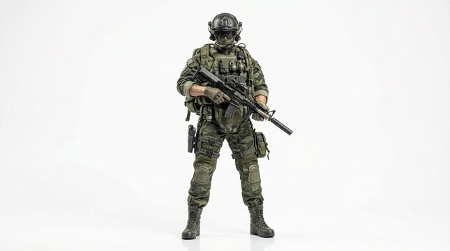 Military action figure equipped with full tactical gear, helmet, and assault rifle stands ready against a pristine white background.