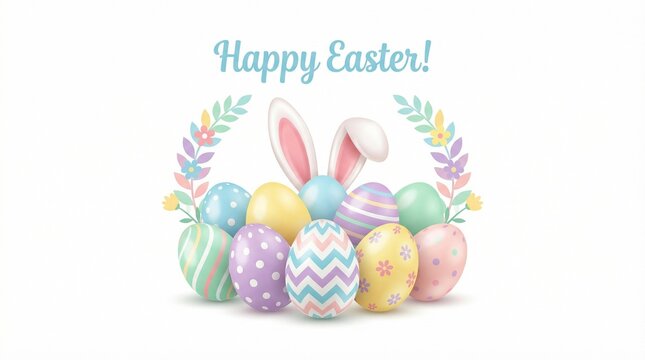 A joyful vector illustration for 'Happy Easter!' greeting, with a delightful cluster of pastel eggs, bunny ears, and a delicate spring wreath.