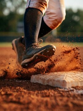 Cleat sliding through dusty baseball field
