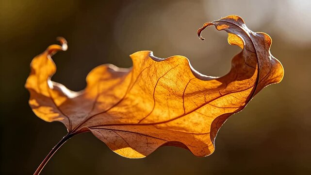 Golden brown autumn fallen leaf with clear veins on background