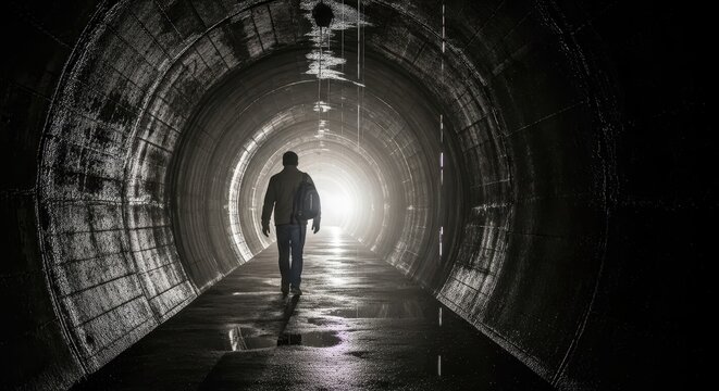 Man walking through a dark, mysterious tunnel towards a bright light at the end.