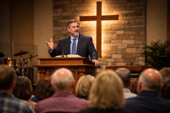 Christian Pastor Preaching at Church Podium with Cross in Background