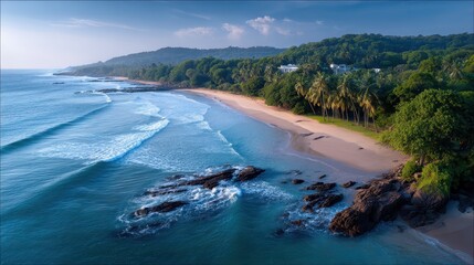 Fototapeta premium Serene Coastal Landscape with Gentle Waves and Lush Greenery in Bright Morning Light