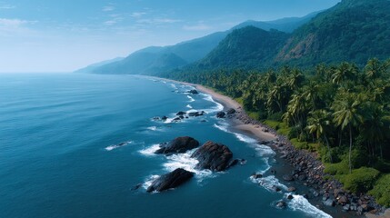Obraz premium Serene Aerial View of a Tropical Beach with Lush Green Mountains and Calm Ocean Waters