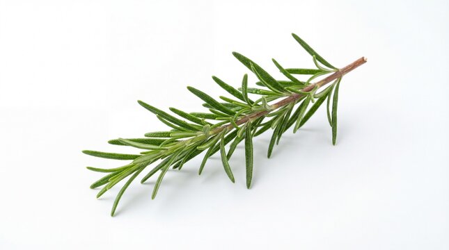 A single fresh green sprig of aromatic rosemary herb with slender needle like leaves on a stem