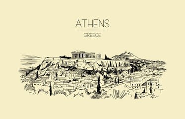 Naklejka premium Athens Greece Acropolis panoramic sketch with text Parthenon ancient
