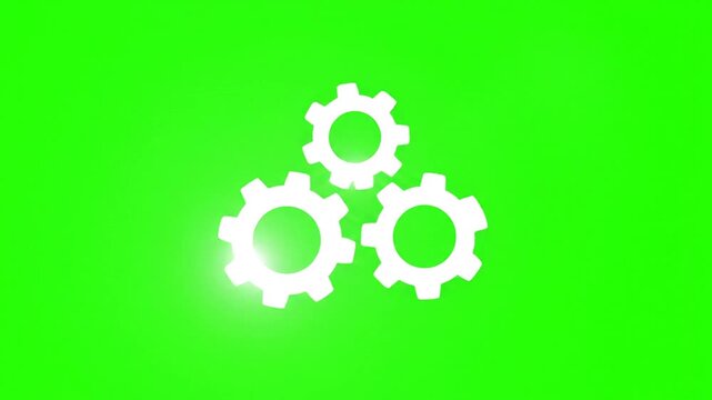 Three white interlocking gears on a bright green gradient background symbolizing technology and automation.