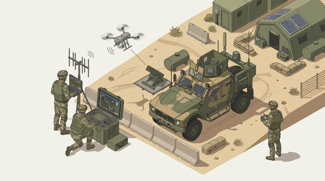 Military drone isometric illustration with armed tactical aircraft