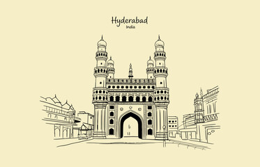 Obraz premium Hyderabad India Charminar monument sketch with text architecture