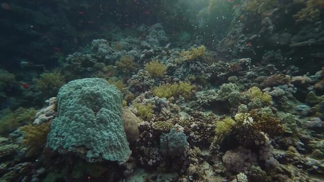 Dive into the mesmerizing beauty of a thriving coral reef. This footage captures a diverse underwater ecosystem teeming with colorful corals and marine life, illuminated by shafts of sunlight filterin