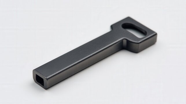 Minimalist black plastic key on white studio background, angled closeup highlighting matte finish, rectangular head with hollow square notch, tapered shank, soft shadow, highkey lighting, ideal