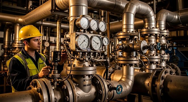 Industrial pressure gauges and piping system closeup
