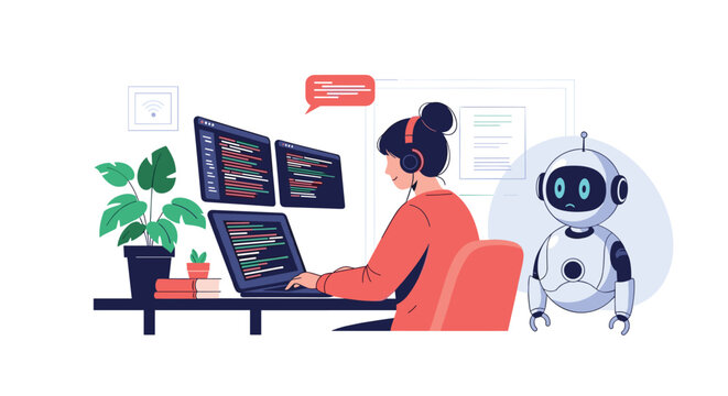 Software engineer sits at a desk with multiple monitors displaying code while a small robot assistant waits nearby to provide help.