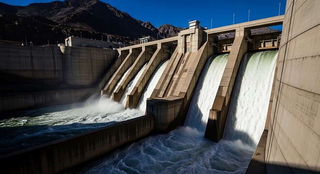 Massive concrete dam structure releasing water into the river