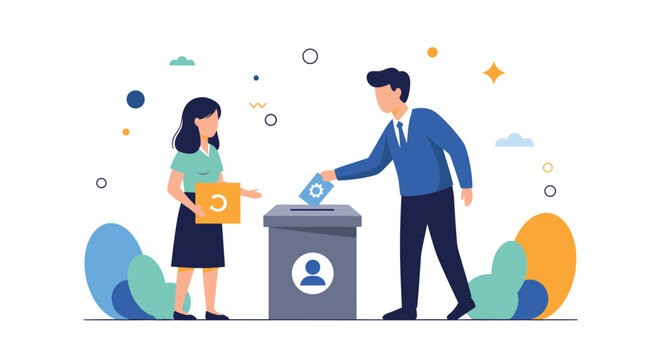 Two people are casting their votes into a ballot box during an election process to choose their representative or leader.
