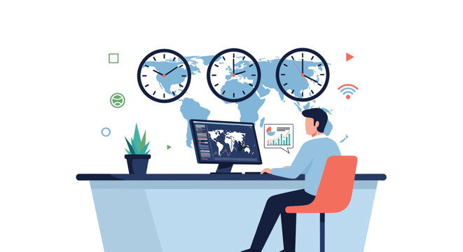 Professional man works at his desk on a computer with a world map and multiple timezone clocks on the wall behind him.