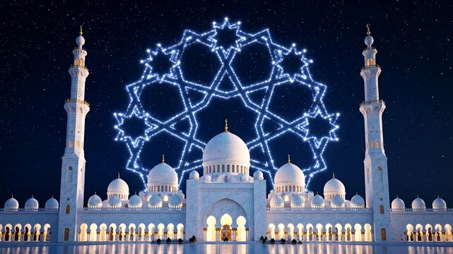 Sheikh Zayed Grand Mosque at night with beautiful light show and reflections in Abu Dhabi.