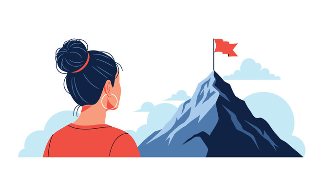 Young woman with her hair in a bun gazes towards a distant mountain peak with a red flag marking her goal.