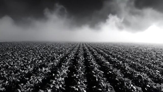 Dramatic black and white field of soybeans against a dark stormy sky background