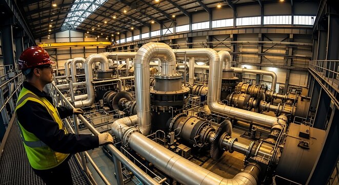 Industrial plant equipment and steel pipeline interior view