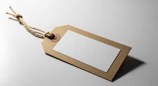Tag with Blank White Label and Rustic String on a Light Surface
