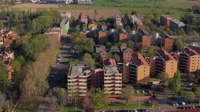 Urban Landscape: An aerial view showcases the architectural beauty and structural design of the cityscape. The image depicts a community seamlessly integrated with nature.