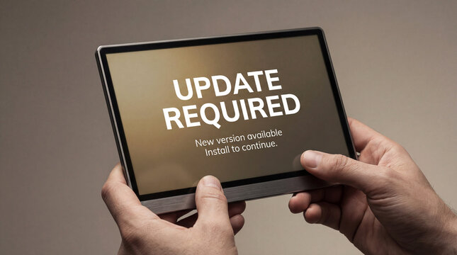 Hands holding a tablet screen displaying a notification requesting a software update installation