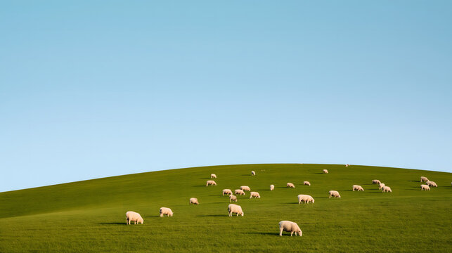 Sheep Grazing on Rolling Green Hill Under Clear Blue Sky