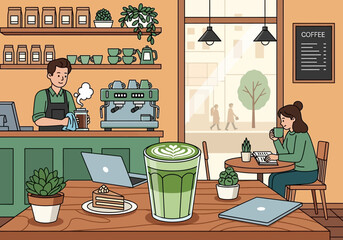 Fototapeta premium Illustration of a jar of matcha powder with a wooden scoop, perfect for health and wellness beverage content