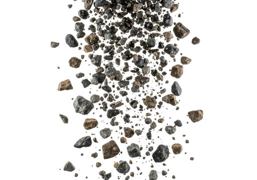 Dark grey and brown angular rocks and gravel dynamically scattering, frozen mid-air, against a transparent studio background with copy space. Explosive motion concept.