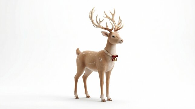 Beautifully rendered brown reindeer with majestic antlers and a festive red bow tie stands gracefully on a pristine white background.