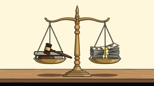 Scales of justice balancing a gavel and legal books against a stack of money, symbolizing the relationship between law and finance.